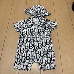 ベビー服 2点セット ロンパース＆ハット ロゴ柄 モノトーン 半袖