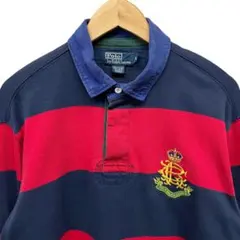 90s ラルフローレン 刺繍ロゴ リブライン ボーダー 長袖 ラガー シャツ