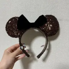 ディズニー ミッキー耳カチューシャ ブラウン　リボン　スパンコール