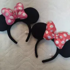 ミニーマウススパンコールカチューシャ ピンクレッド2個セット