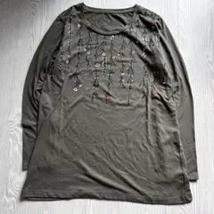 美品✨長袖 花柄カットソー Tシャツ Mカーキ ボタニカル柄　カジュアル