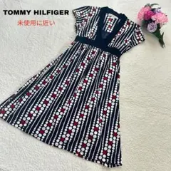 【極美品】トミーヒルフィガー 総柄 ロゴ 膝丈ワンピース ウエストマーク