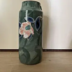 九谷　花柄　陶器花瓶 緑色 円筒形高さ25cm 口径7cm