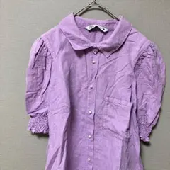 ZARA パワーショルダーブラウス(US L)パープル無地　パールボタン
