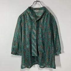 ヴィンテージ　ペイズリー　ストライプ　ボウタイ　透け感　ポリ　七分袖シャツ　古着