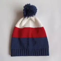 キッズ　ポンポン付きボーダーニット帽子　ネイビーホワイトレッド紺色赤白防寒子供用