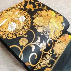 ◆979◆セミアンティーク　全通柄　袋帯　黒地に華文　鳳凰に蝶　着物帯　和装着物