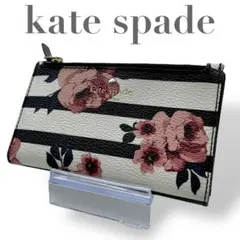 【微美品】katespade ケイトスペード　折り財布　PVC　黒　白　花柄