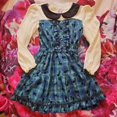 axes femme kids 猫柄チェック ワンピース 襟付き フリル140