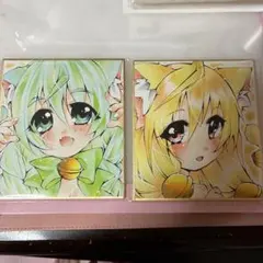 オリジナル手描きイラスト 1/4色紙 猫 擬人化 ケモミミ - メルカリ
