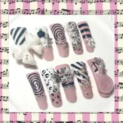 ネイルチップ ダックネイル 韓国ピンク リボン ギャルレオパード 個性派