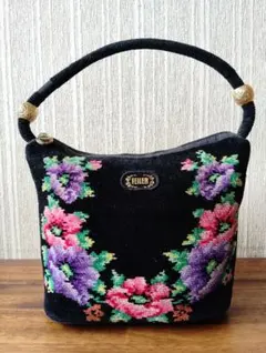 美品　FEILER　フェイラー　ハンドバッグ　花柄　シュニール織　ブラック
