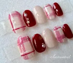 赤チェックネイル　クリスマスネイル