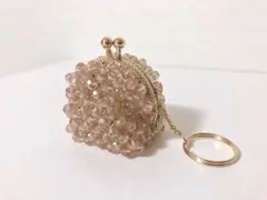 ビーズ　がま口キーホルダー　ベージュ　小銭入れ　がま口　ガラスビーズ　シャンパン