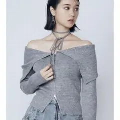 EMODA★完売 カラーオフショルダーストラップニット/グレー