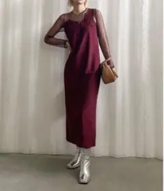 ameri vintage アメリビンテージ　レニーカットワークドレス　ボルドー