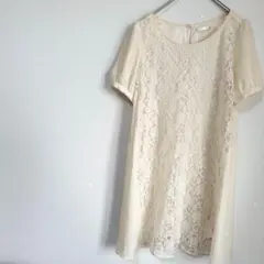 ワンピース　ベージュ　刺繍　花柄　膝丈　半袖　Mサイズ　カジュアル　シンプル