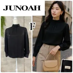 ジュノアJUNOAHボリューム袖 サテン調ブラウス 黒 上品きれいめFフリー韓国