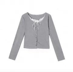 グレー レース付き長袖トップス S