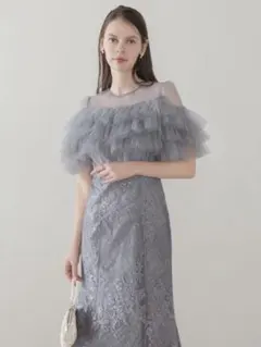 フロントチュールフリルフラワースパンコールマーメイドワンピース