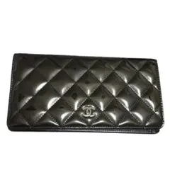 CHANEL シャネル 二つ折り長財布 マトラッセ エナメル グレー×シルバー