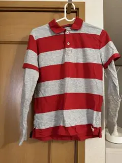 赤とグレーのストライプ長袖ポロシャツ