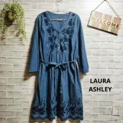 ローラアシュレイ フレアワンピース ダンガリー 花柄 刺繍 リボン 大人可愛い