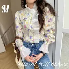 長袖ブラウス フリル　 ボタニカル　 花柄　 韓国ファッション　レトロ　可愛い