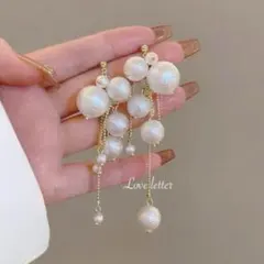 No.408A ボリュームパールチェーンロングピアス 韓国 上品 量産型 地雷