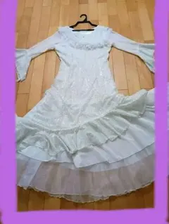 社交ダンス衣装ロングドレス白スパンコール裾3段フリル　UNxⅡ　　美品