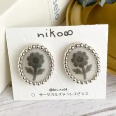 カメオ風 オーバル カボション シルバー ビーズ 刺繍 ピアス m#118