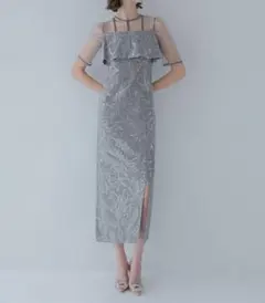 LEJAスパンコール刺繍ビジューボタンフレアスリーブセットアップドレス