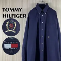 【90s】OLD トミーヒルフィガー 刺繍ロゴ 長袖シャツ XL表記 ネイビー