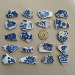 シー陶器2053 ☆藍色　花柄☆　アート　金継ぎ　工作
