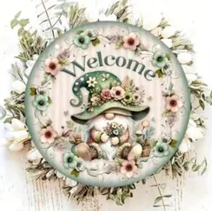ウェルカムボード 木製リース 玄関プレート ノーム アンティーク 春 幸運