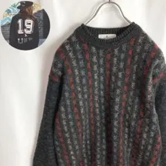 レトロ古着 アルパカ混 ウールセーター ストライプ ニット グレー 赤色 M