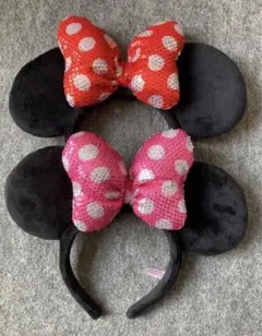 ディズニー　カチューシャ　スパンコール　リボン　赤　ピンク　ミニー　水玉　　ペア