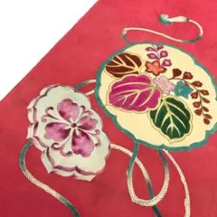 アンティーク帯 名古屋帯 花柄模様 紅絹色 金糸 AO-3090