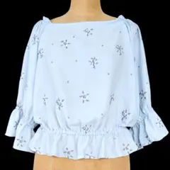 COLZA水色 花柄刺繍 五分袖ブラウスM フリル ギャザー 短丈 ガーリー春夏