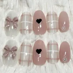 021 ネイルチップ ピンク リボン チェック柄