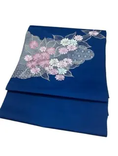 単衣帯　青系色　花柄刺繍　和装　着物　お太鼓柄のサムネイル