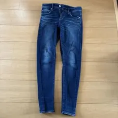 ダークブルー スキニーデニム フリンジ裾