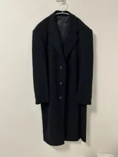 カシミヤ100% 黒 ロングチェスターコート　比翼仕立　LL