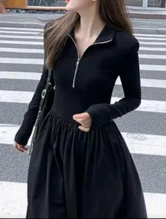 ブラックジッパー付きロングワンピース