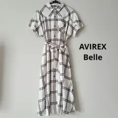 AVIREX シャツワンピース 半袖 ロング チェック 麻 リネン混 ロゴ刺繍