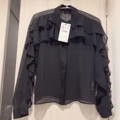 新品未使用 ZARA フリル シアーシャツ XS ブラック シースルートップス