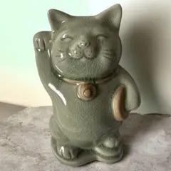 招き猫 セラドン焼き 陶器製 置物 グリーン