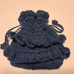 フリル巾着 編み物 青 ダークブルー 花