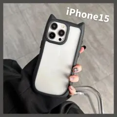 iPhone15 クリア猫耳ケース ねこ ブラック 推し活 おしゃれ y2k