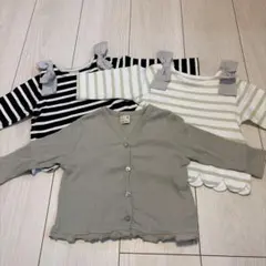 【petit main】リボン付きストライプ長袖トップス 3点セット